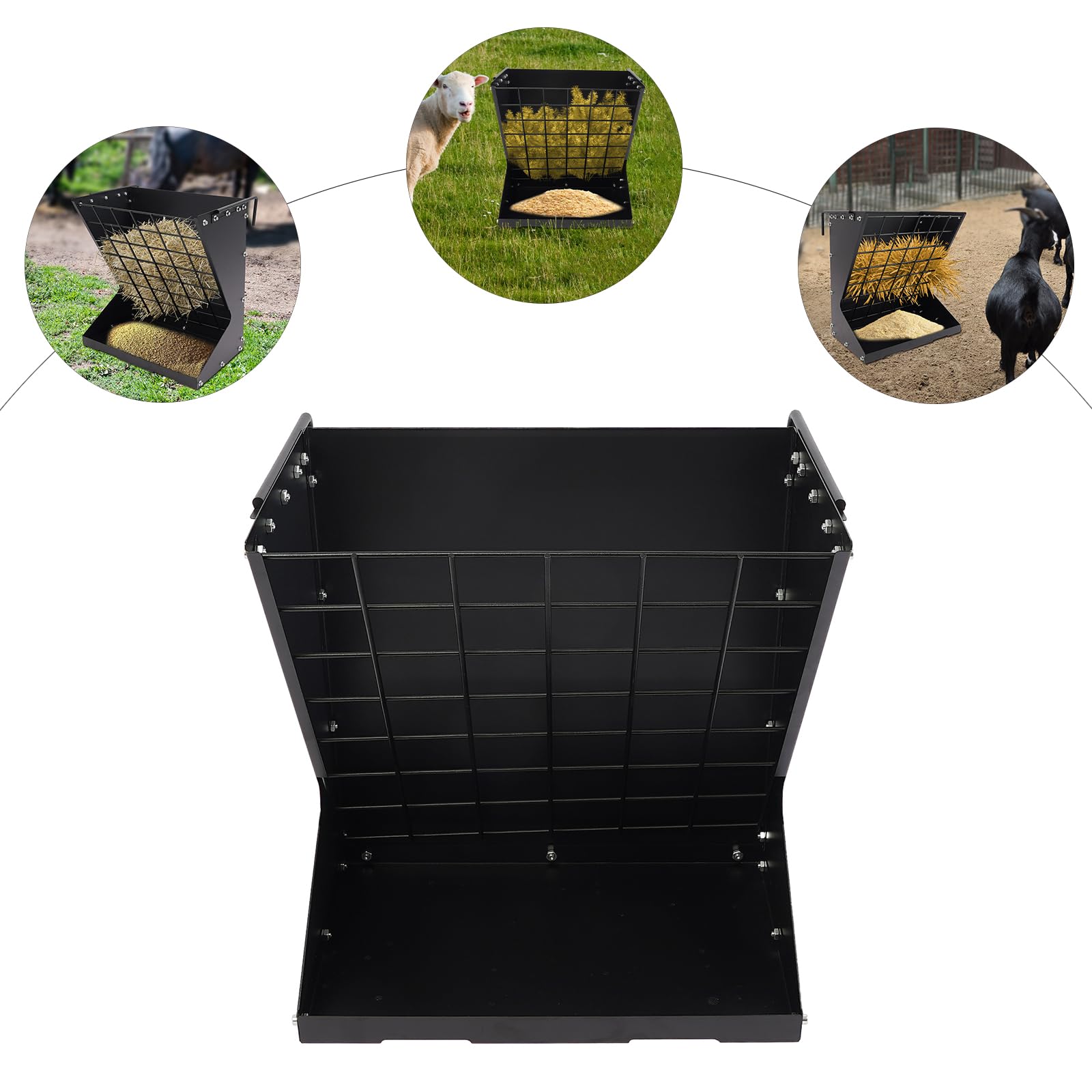 comedero de heno grande para caballos, ovejas y cabras, 2 en 1, heno y grano/comedero, comederos colgantes de ovejas con rejilla de ahorro de alimentos y ganchos para varios establos y corral (negro)