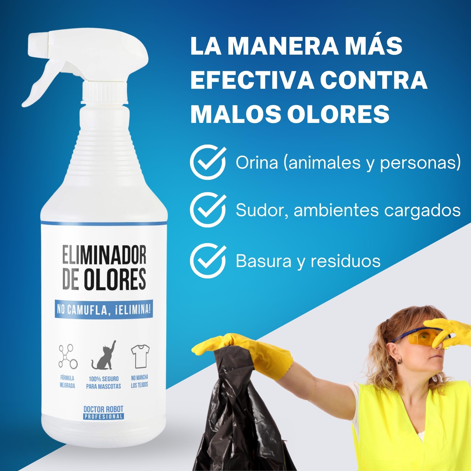 Eliminador de olores instantaneo - Anti Olor orina de Gato, Perro, Tabaco, Humedad, Basura. Seguro para Animales y Tejidos. No camufla, Elimina.