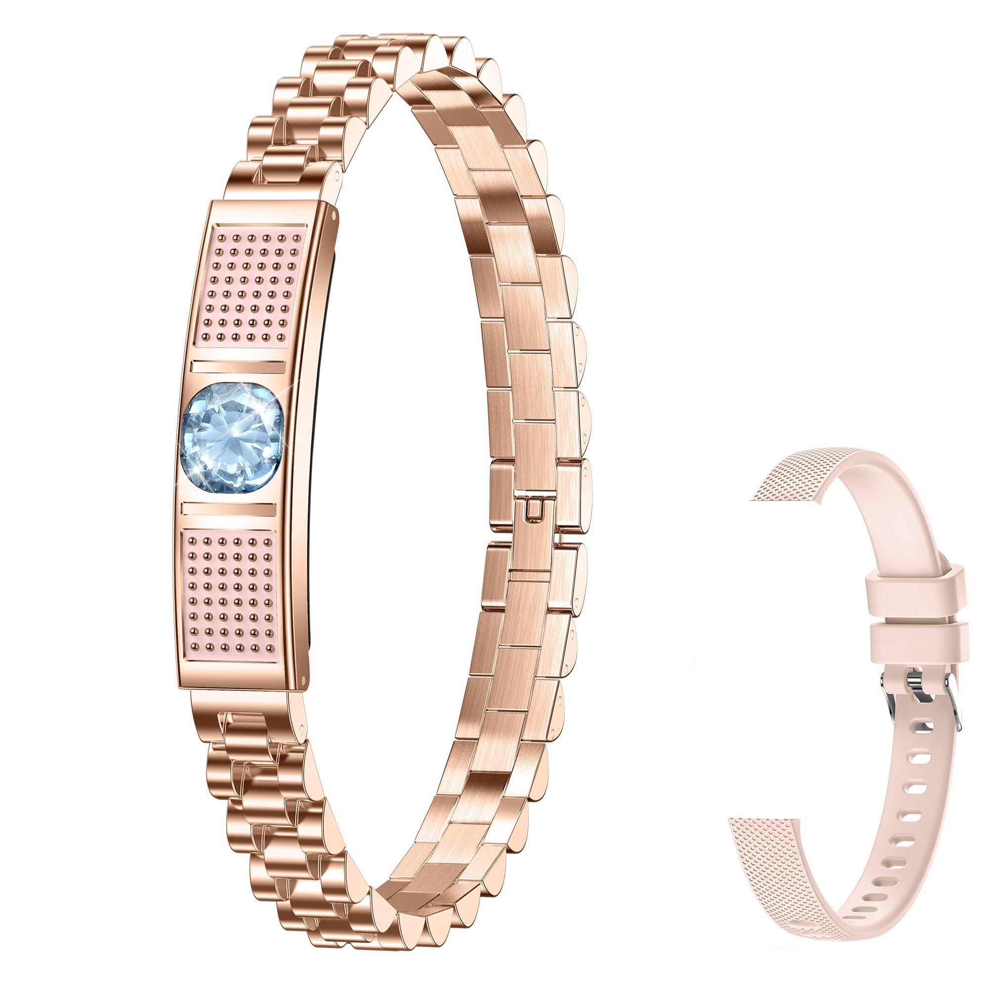 Montre connectée fine et élégante pour femme - Podomètre - Sans écran - Moniteur de fréquence cardiaque - Or rose - Argent