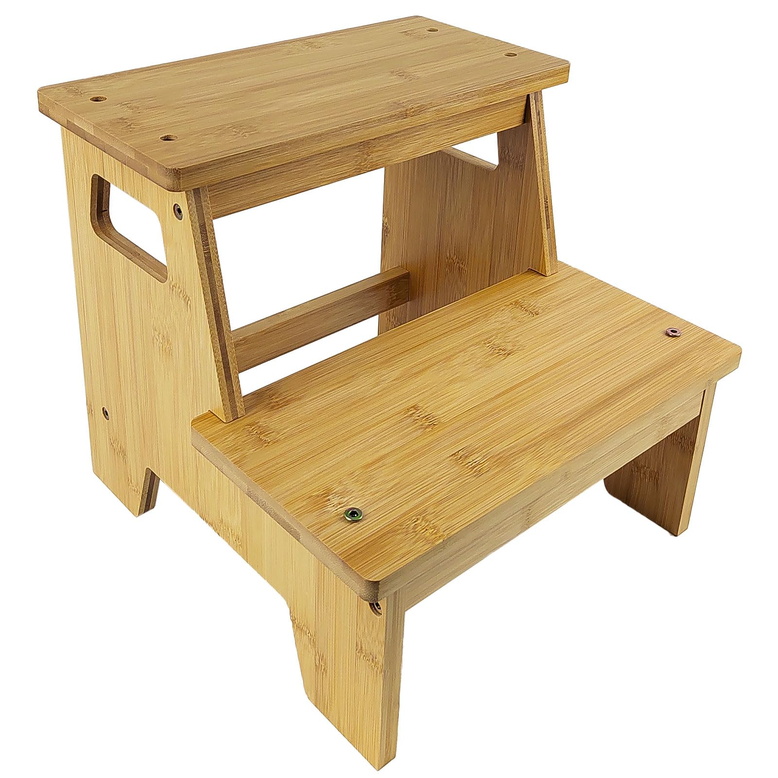 Escalera Madera con 2 Peldaños, Asa y Alfombrilla Antideslizante, Seguro y Estable, Superficie Lisa y Sin Rebabas, Adecuado para Baños, Cocinas y Habitaciones Infantiles