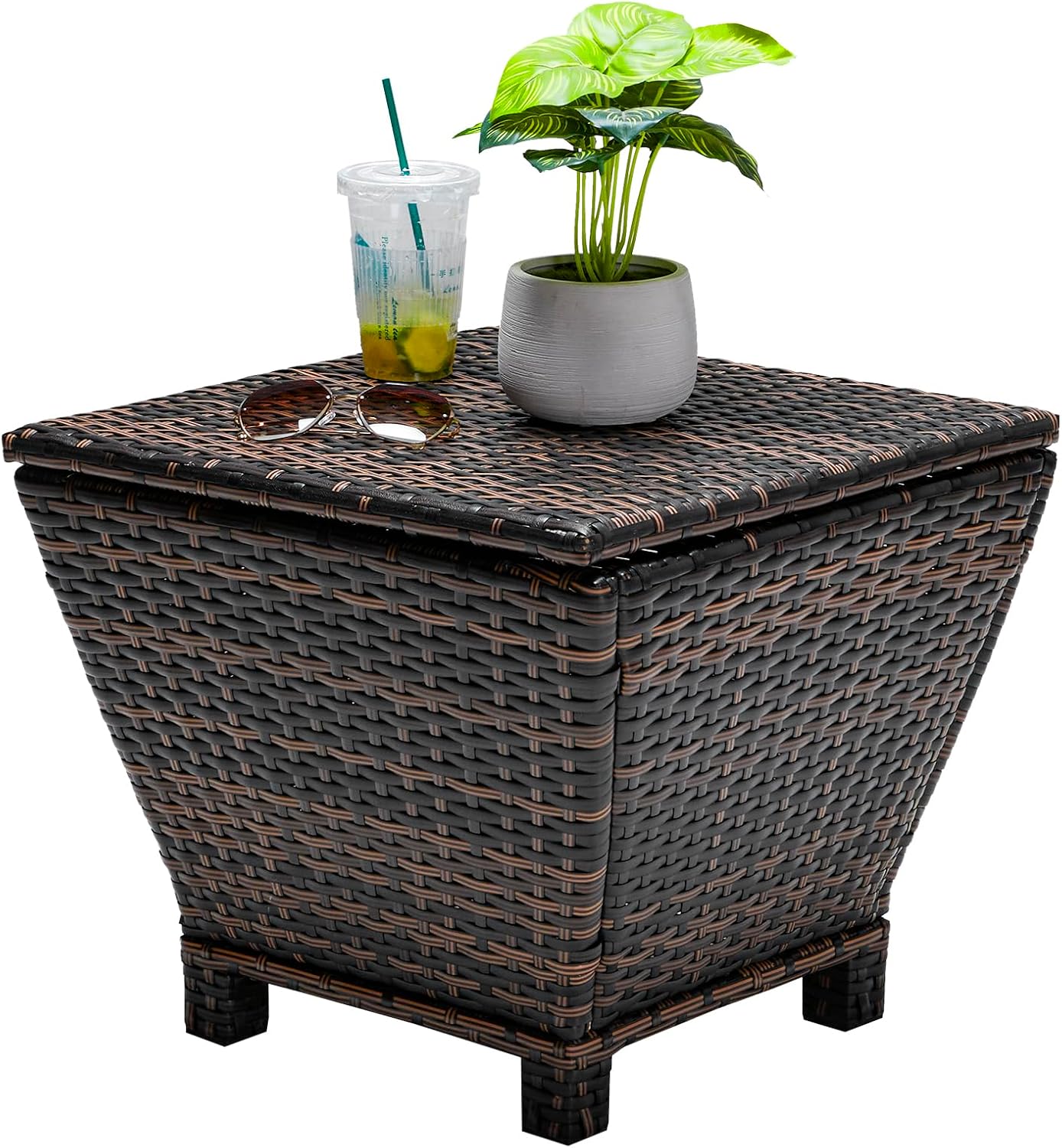 VINGLI Outdoor Side Table with Storage, 13-Gallon Patio Deck Box Outdoor Wicker Side Table for Poolside Balcony Storage Table (Brown, Trapezoid)
