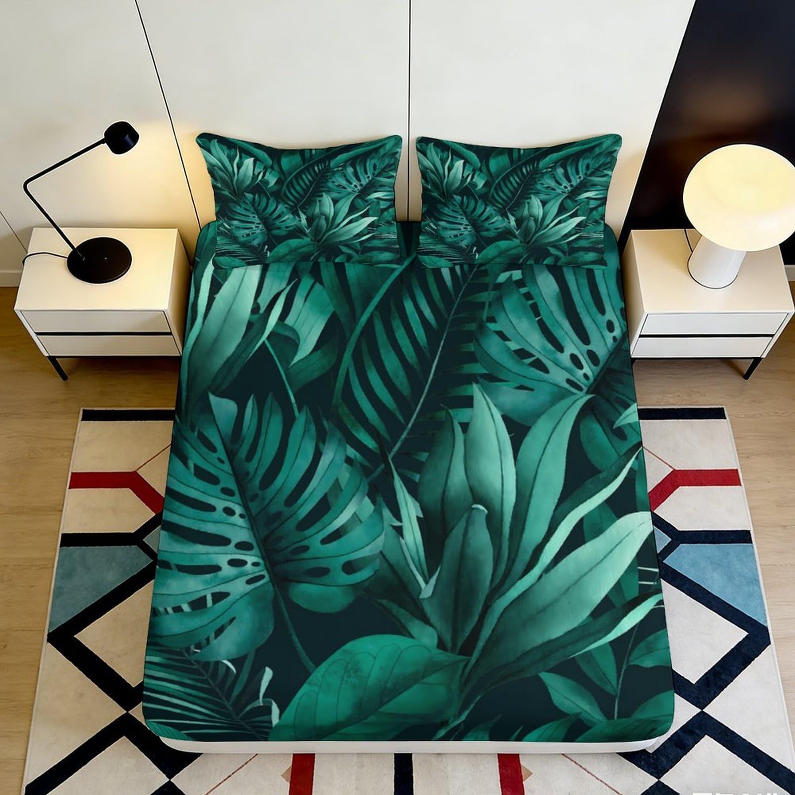 3D Printed Tropical Jungle Leaves Fitted Sheet Microfiber Deep Green Mattress Cover Anti-Slip Machine Washable for Home Bedroom Decor 140x200x25cm