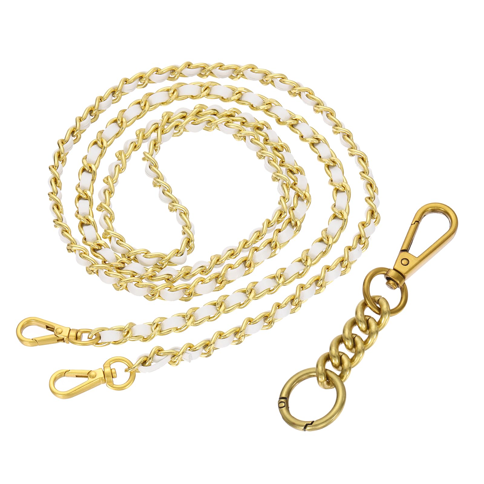 sourcing map Purse Chain Strap, 35.4 Inch PU Leather Purse Straps Replacement Crossbody Flat Woven Handbag Strap with Extended Chain for Shoulder Crossbody Clutch, Gold/White