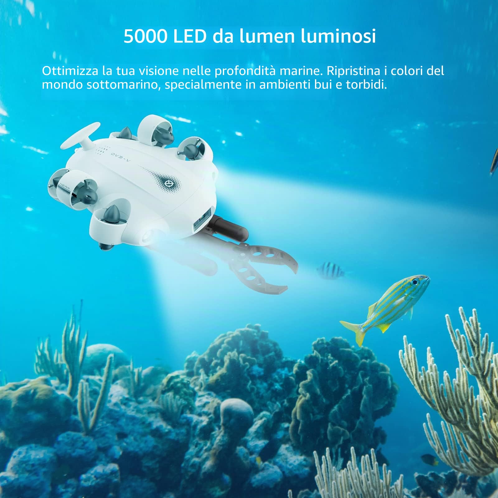 Drone subacqueo FIFISH V-EVO 4K con braccio robotico, blocco di visione AI Vision Lock, movimento omnidirezionale a 360°, immersione subacquea fino a 100 m, ROV