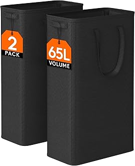 Lifewit 2 Pack Slim Laundry Hamper, Collapsible Narrow Laundry Basket, Small Tall Dirty Clothes Hampers with Handles for Bathroom Bedroom College Dorm, Black, 65L