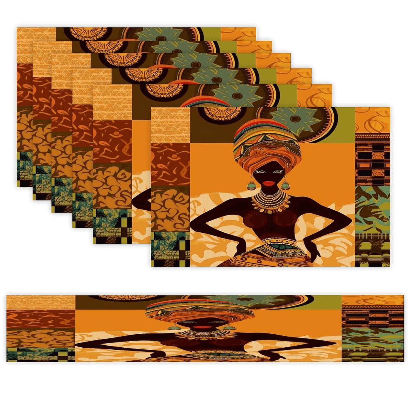 African Woman Table Runner and Placemats Set of 6 Wipe Clean Heat Resistant Table Mat with Table Runner Decorations Flax Linen Place Mat Set for Home Kitchen Party Supplies