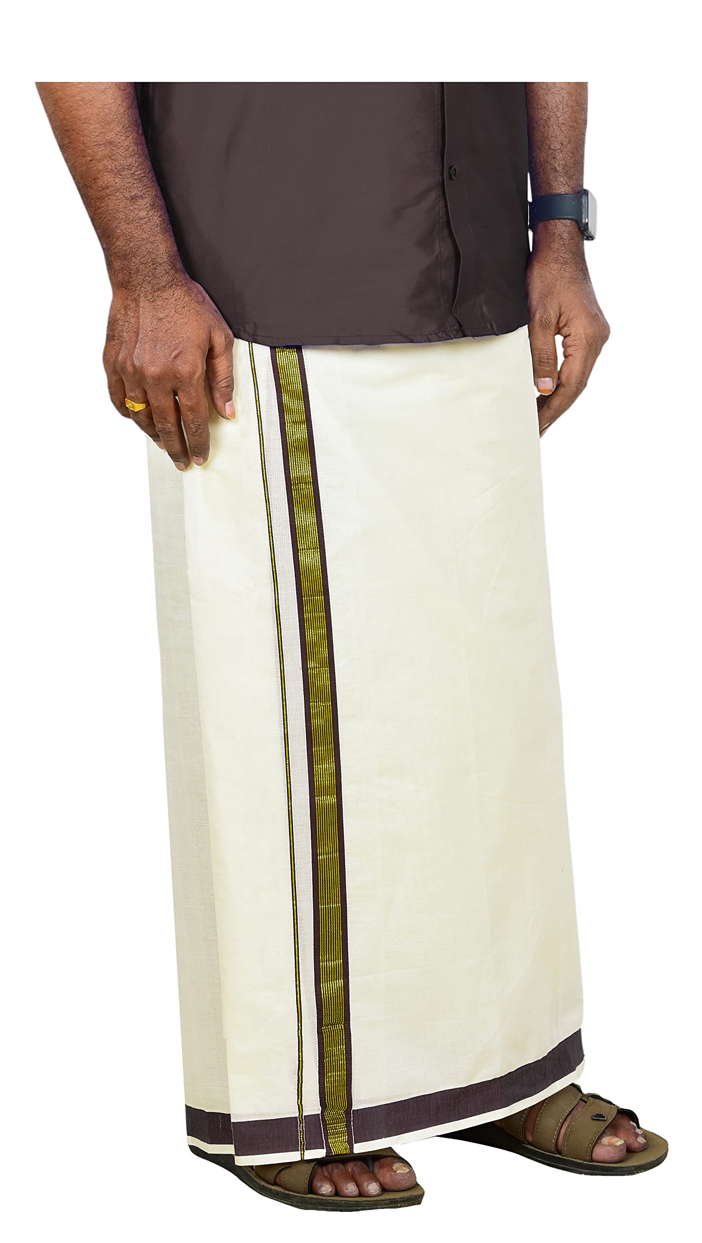Mens Gold Jari Line Border 100% Cotton Cream Dhoti 4.00 Meters Double Mundu/Vesti