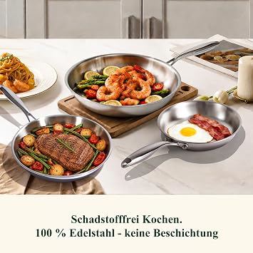 Terlulu Dreilagige Edelstahl-Bratpfannen-Set 20/26/30 cm – Edelstahlpfanne unbeschichtet & Induktionspfanne PTFE/PFAS/PFOA-frei Für Alle Herdarten Schnellwärmend Backofenfest & Spülmaschinenfest