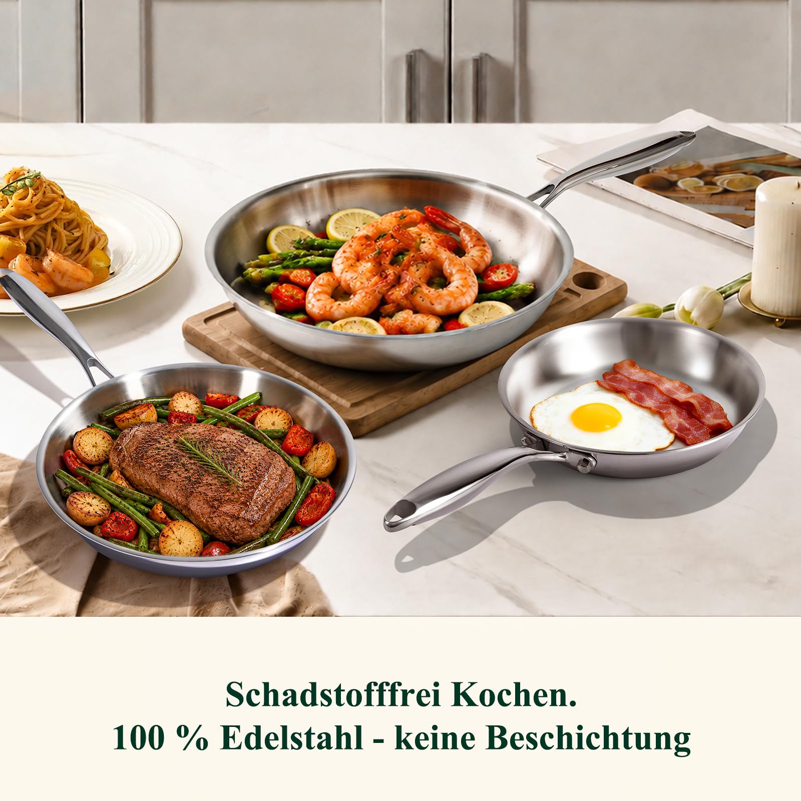 Terlulu Set di 3 padelle in acciaio inox 20/26/30 cm – Padella in acciaio inox non rivestita e padella a induzione, senza PTFE/PFAS/PFOA, per tutti i piani cottura, riscaldamento rapido, lavabile in