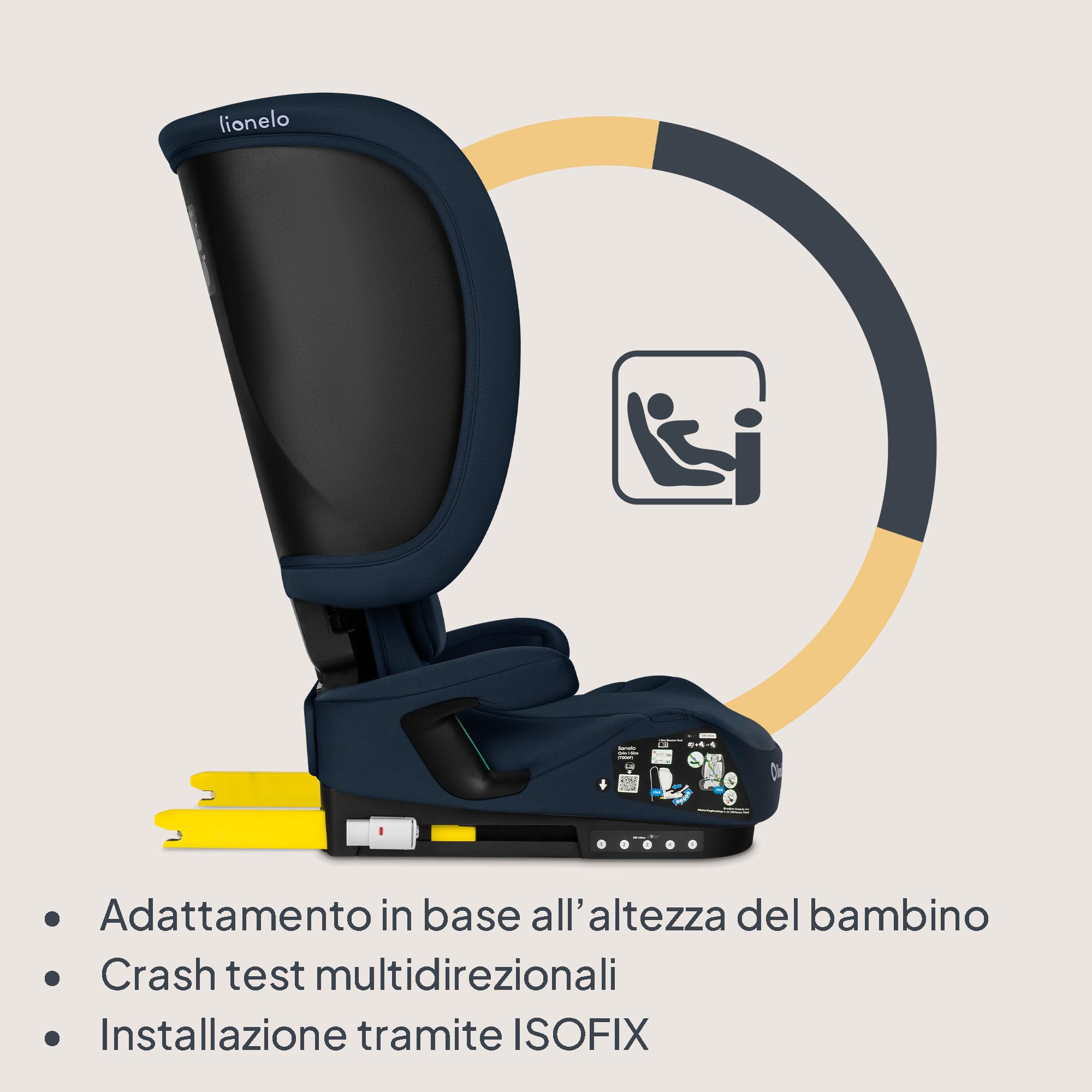 Lionelo Seggiolino Auto Pieghevole ORIN I-SIZE con ISOFIX per bambini 3,5-12 Anni, Reclinabile 4 Posizioni, Poggiatesta 14 Posizioni, Sfoderabile Lavabile, Borsa e Portabicchiere, i-Size 100-150 cm