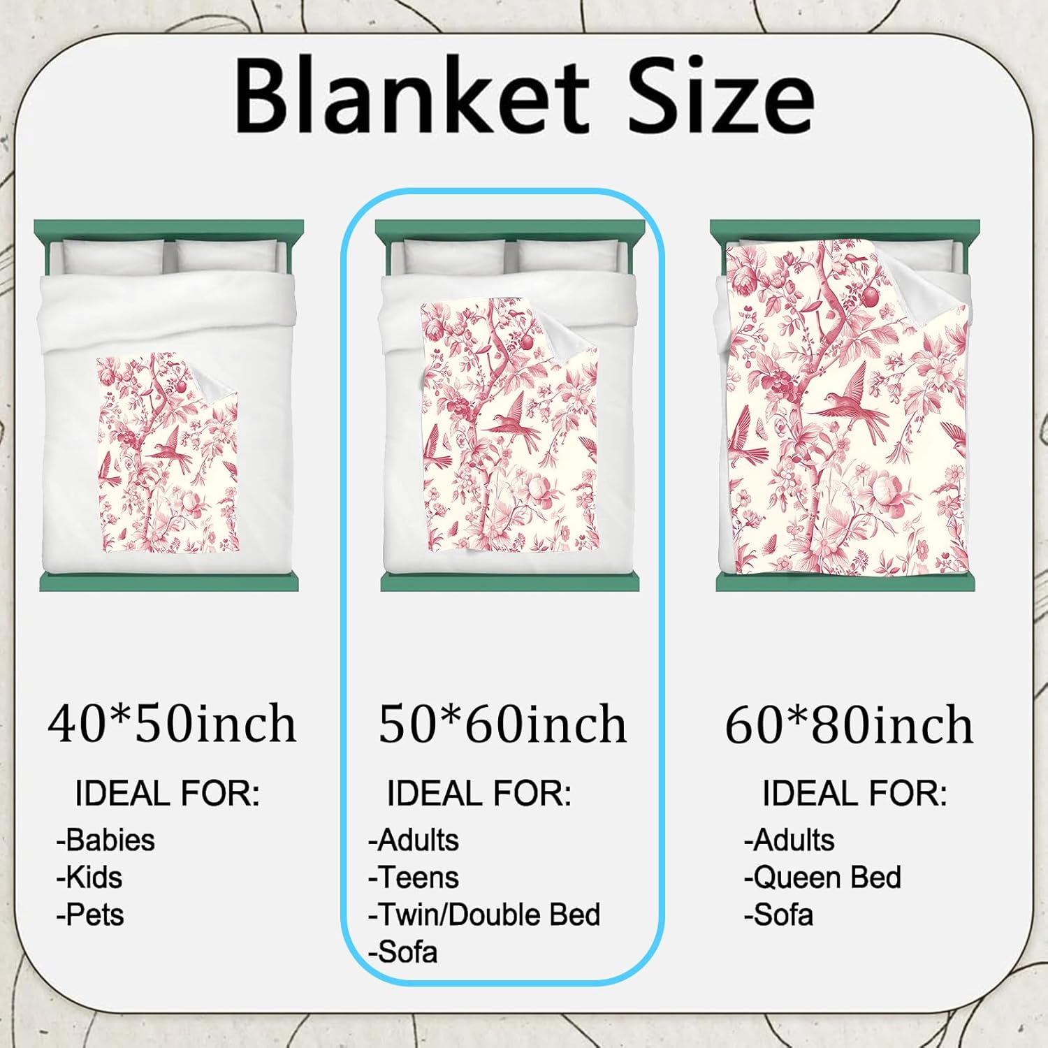 Vintage Bird Flannel Blanket,French Country Throw with Pink Floral Branch and Flying Birds on Cream Background,Lightweight Fleece Blankets for Nature Lover,Couch,Cabin,Bed Decor Gifts,60x50in - Image 3