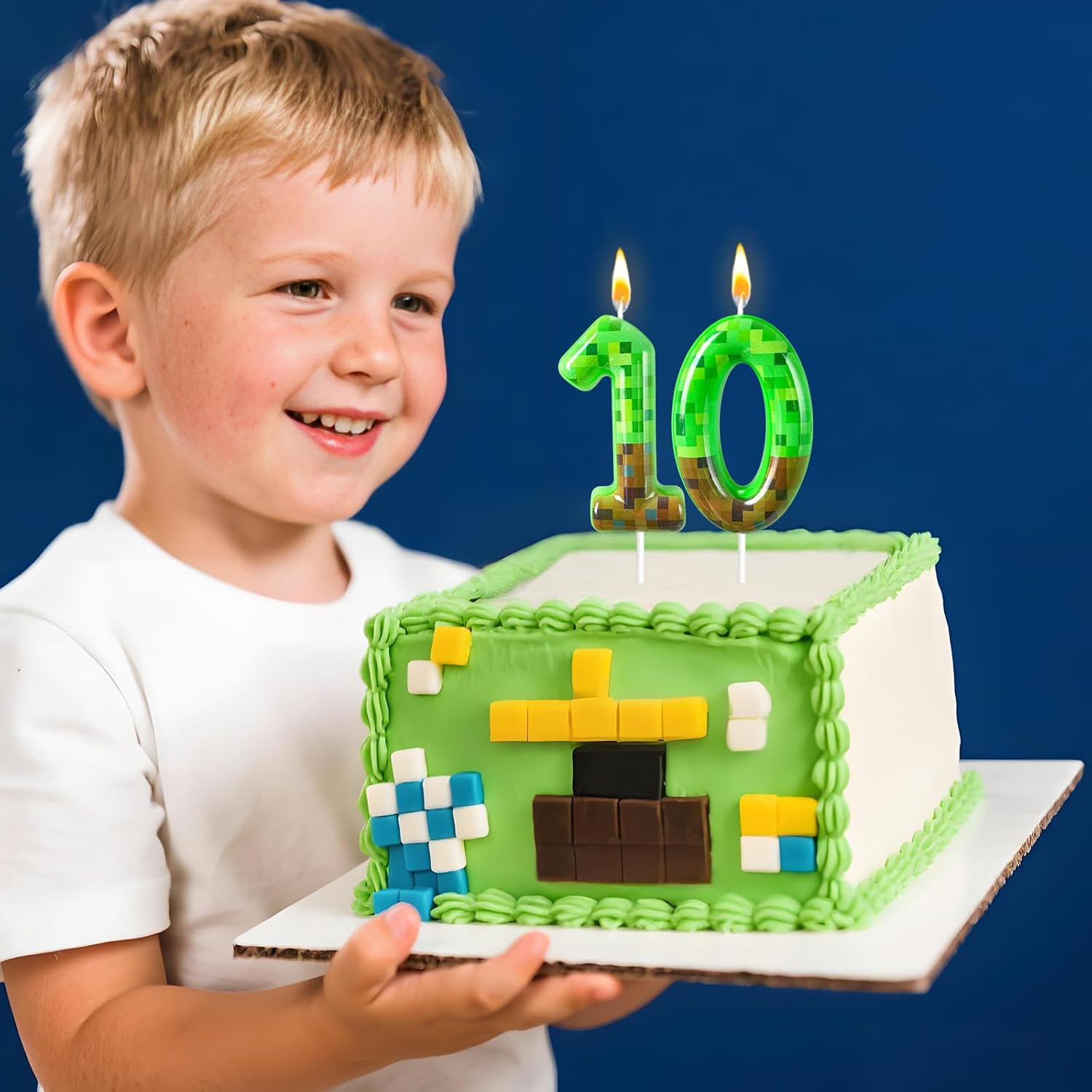 Number 10 Candle, Pixel Block Style Cake Decoration, Green Number Cake Topper for Game Theme Celebration