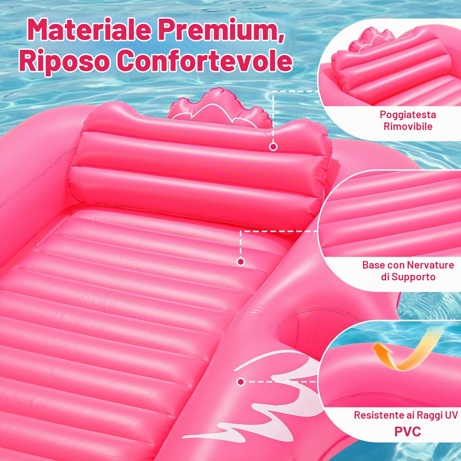 HeySplash Piscina Gonfiabile per Abbronzatura, Lettino Flamingo con Portabicchieri, Gonfiabili per Adulti, Materassino con Maniglie e Cuscino Staccabile per Spiaggia ed Estate (210x128 cm)