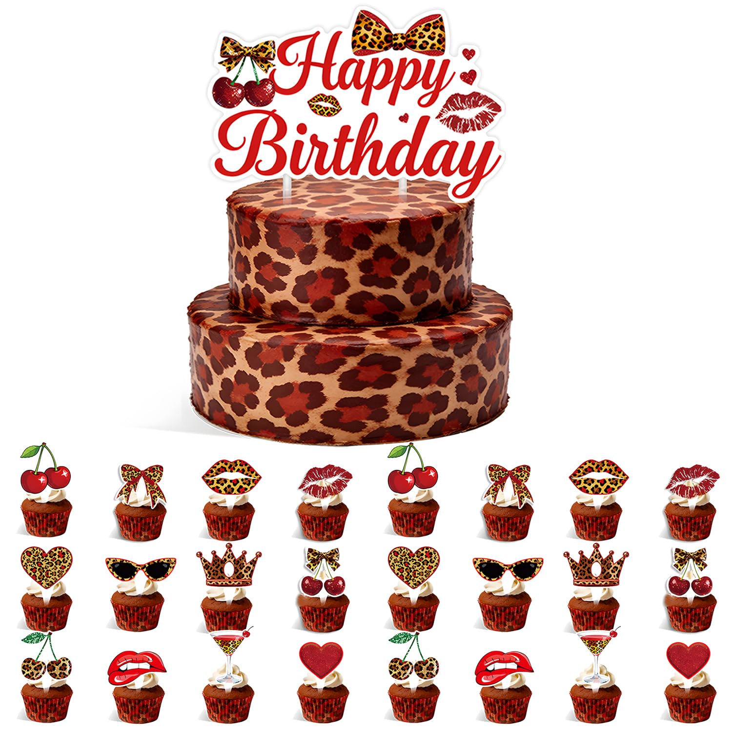 25Pcs Leopard Print Cupcake Topper, Creative Cake Toppers, Leopard Print Birthday Decor for Birthday Party, Cherry Shaped Photography Props for Girls