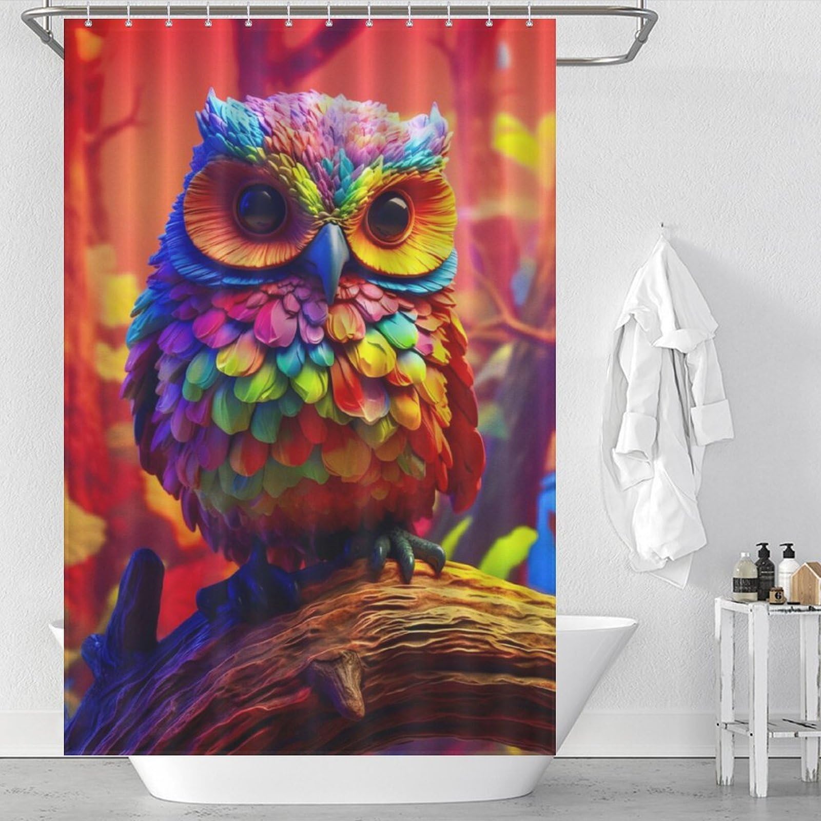 Rideau de douche hibou coloré 3D en polyester épais résistant et imperméable 119x180cm