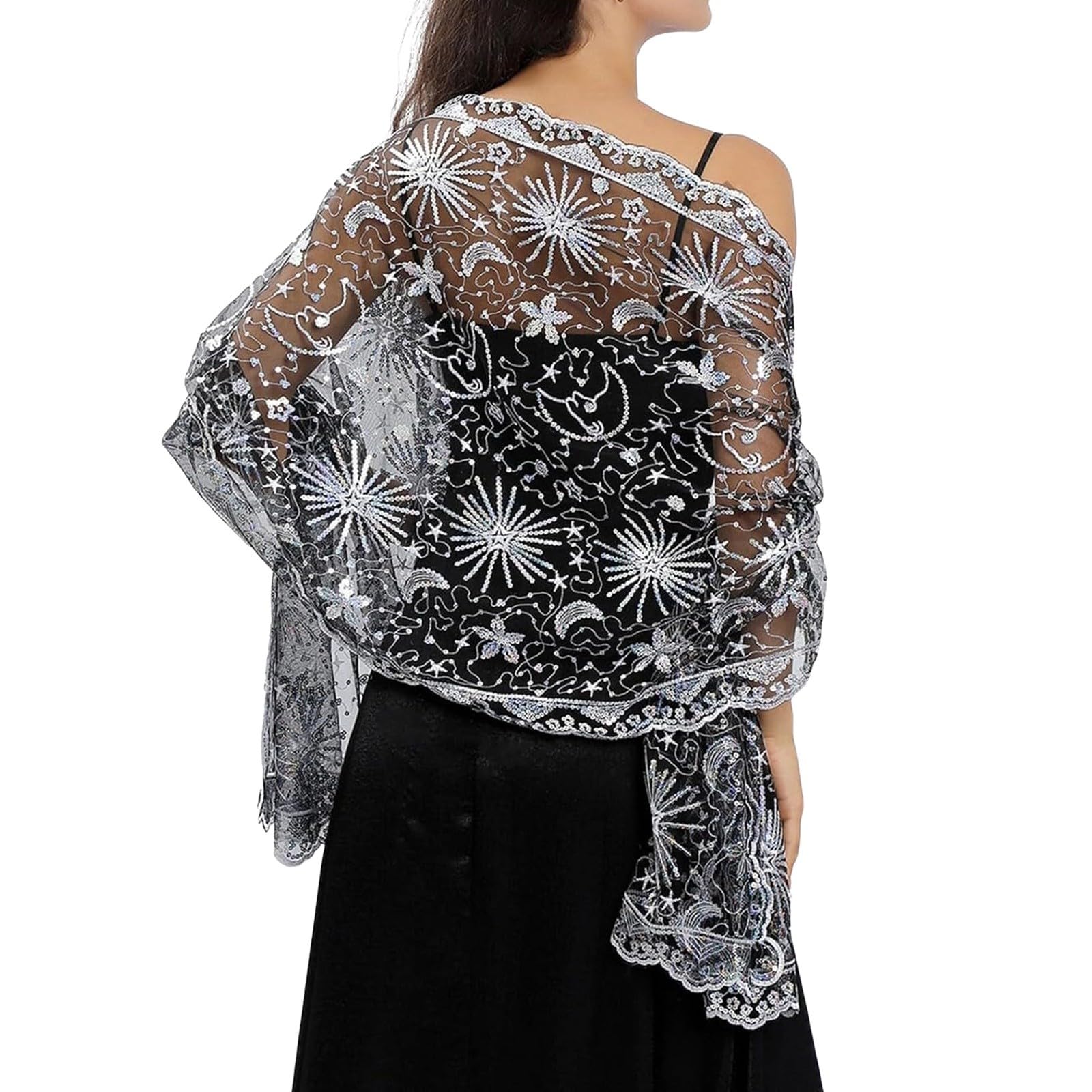Generico Sciarpa Scialle Donna Perline Luna Stelle Sciarpe E Abiti Da Sera Mantelle Elegante Donna Stelle Serale Mantella Sposa Elegante Coperta