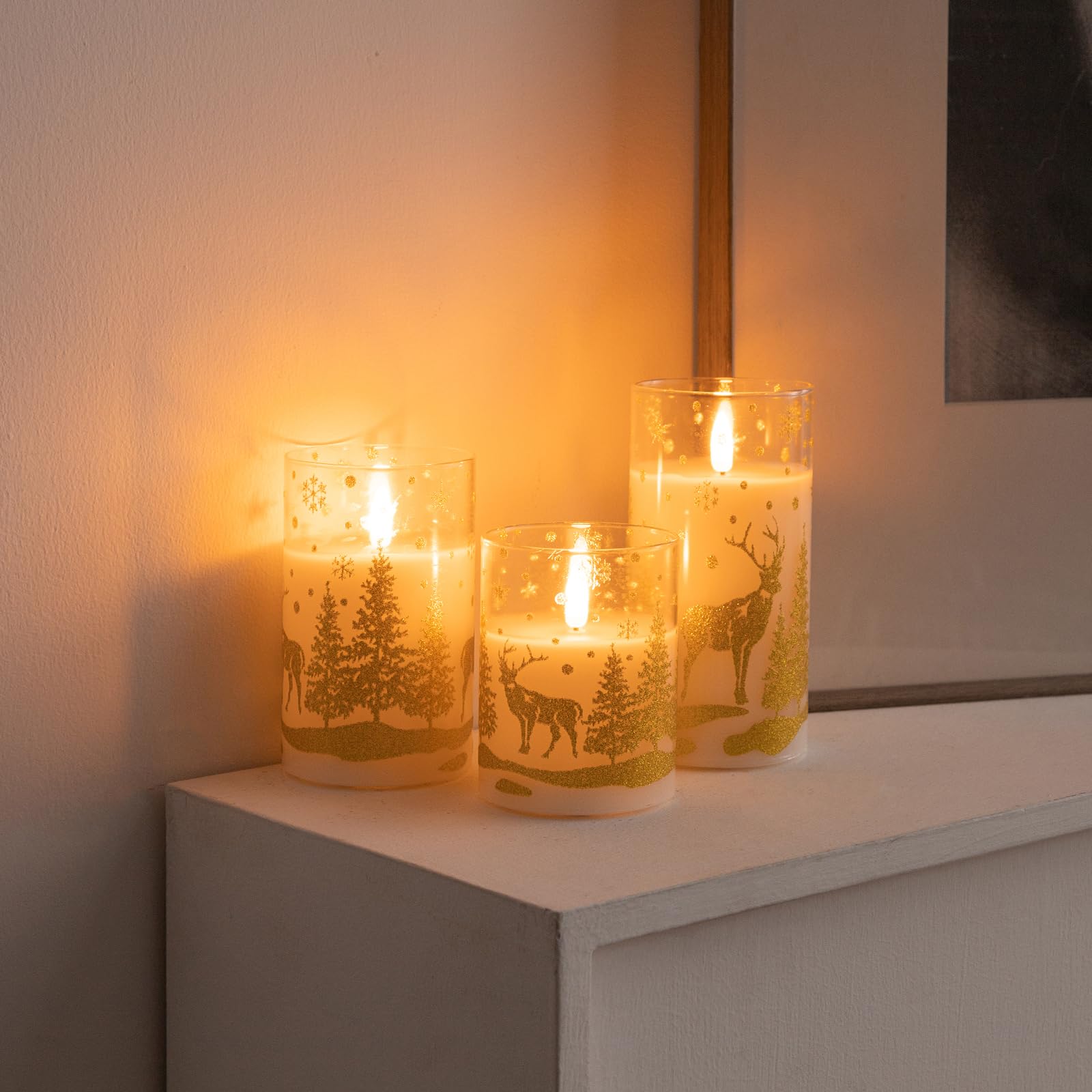 ANGELLOONG Gold Christmas Glass Flameless Candles Battery Operated, LED Flickering Pillar Candle with Timer, Xmas Remote Electric Candles for Home Holiday Decor, Deer