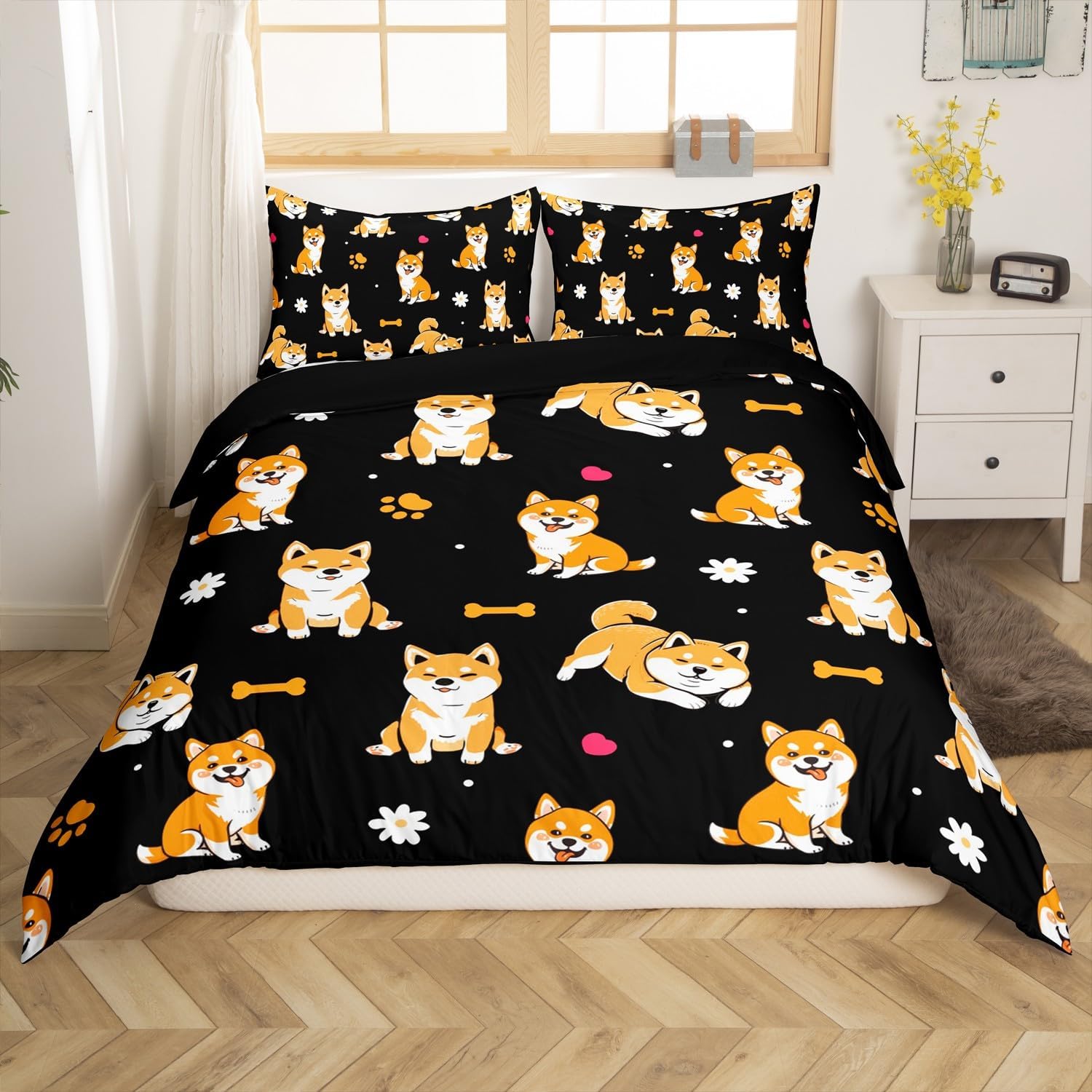 Erosebridal Shiba Inu Twin Bedding Set,Cute Puppy Dog Duvet Cover Pet Lover Gifts for Kids Girls Boys,Cartoon Animal Print Bed Set,Paw Print Floral Quilt Cover with 1 Pillowcase (No Comforter)