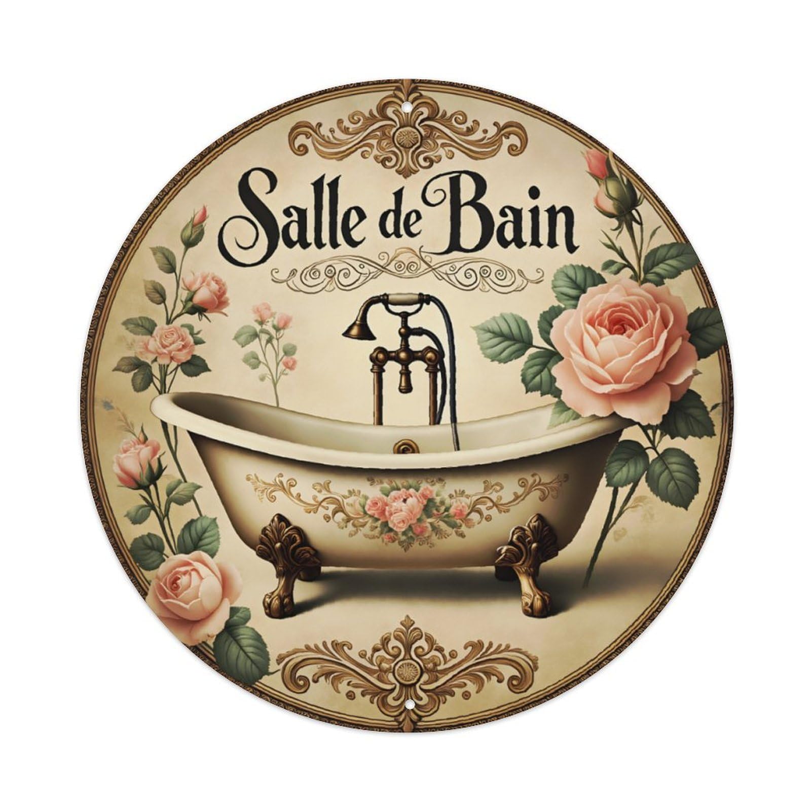 Ldfuieksufg Style French Vintage Rose Bathroom Round Metal Sign Vintage Aluminium Metal Sign, Retro Wall Decor For Home, Bar, Garage & Farmhouse 20X20cm