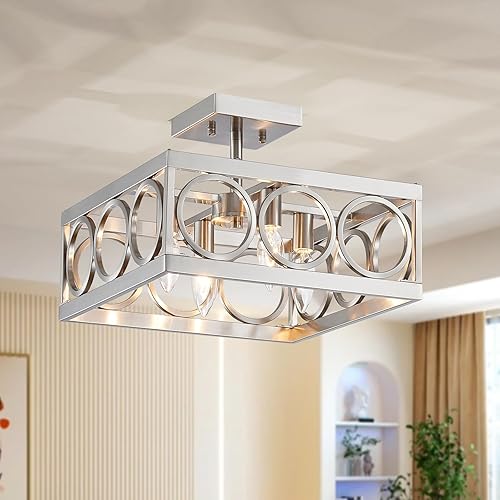 XINGQI Lámpara de araña rústica 177 pulgadas lámpara cuadrada vintage de 4 luces para sala de estar comedor cocina pasillo techo inclinado grano de