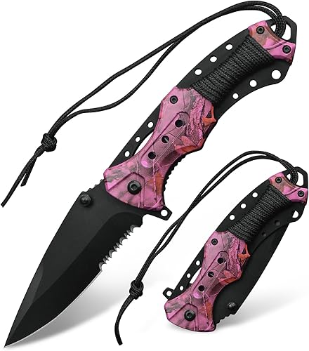 Cuchillo plegable afilado de 4.7 pulgadas, cuchillo dentado de bolsillo, cuchillos con mango de cuerda para camping, pesca, EDC