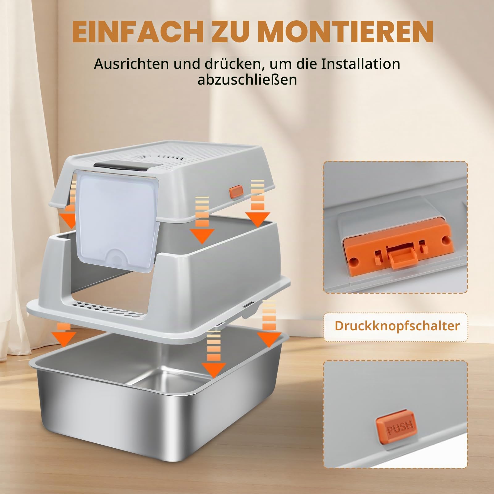 Edelstahl Katzenklo XXL 37L – Geschlossene Katzentoilette für große Katzen, mit 120° Klappdeckel, Trittstufe und Schaufel, geruchsarm, auslaufsicher, leicht zu reinigen, Cremegrau
