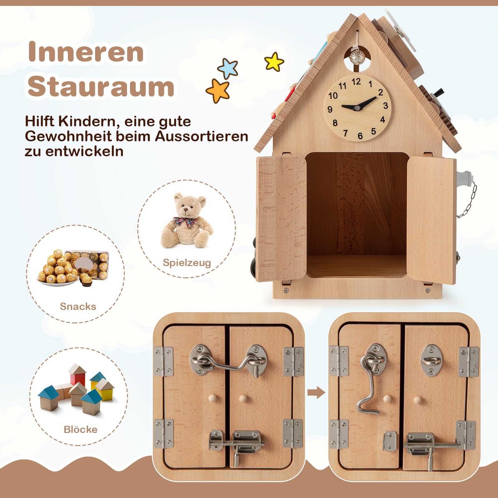 COSTWAY Domek do zabawy dla dzieci z drewna, sensoryczny domek z zabawkami sensorycznymi i miejscem do przechowywania wewnątrz, zabawka Montessori, kostka do aktywności, prezent dla chłopców i
