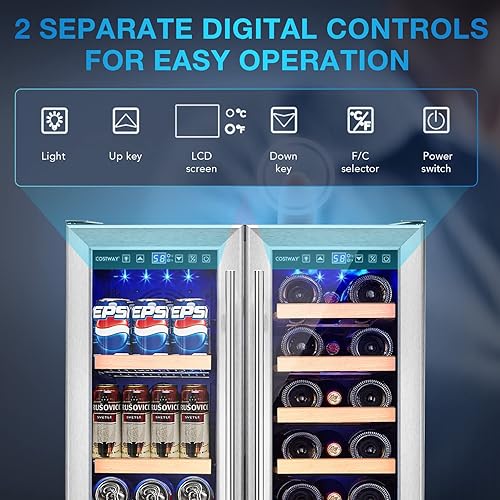 Miniatura 5 de Refrigerador de bebidas y vino, nevera de vino 2 en 1 de doble zona con control de temperatura independiente, luces LED, 18 botellas y 57 latas,