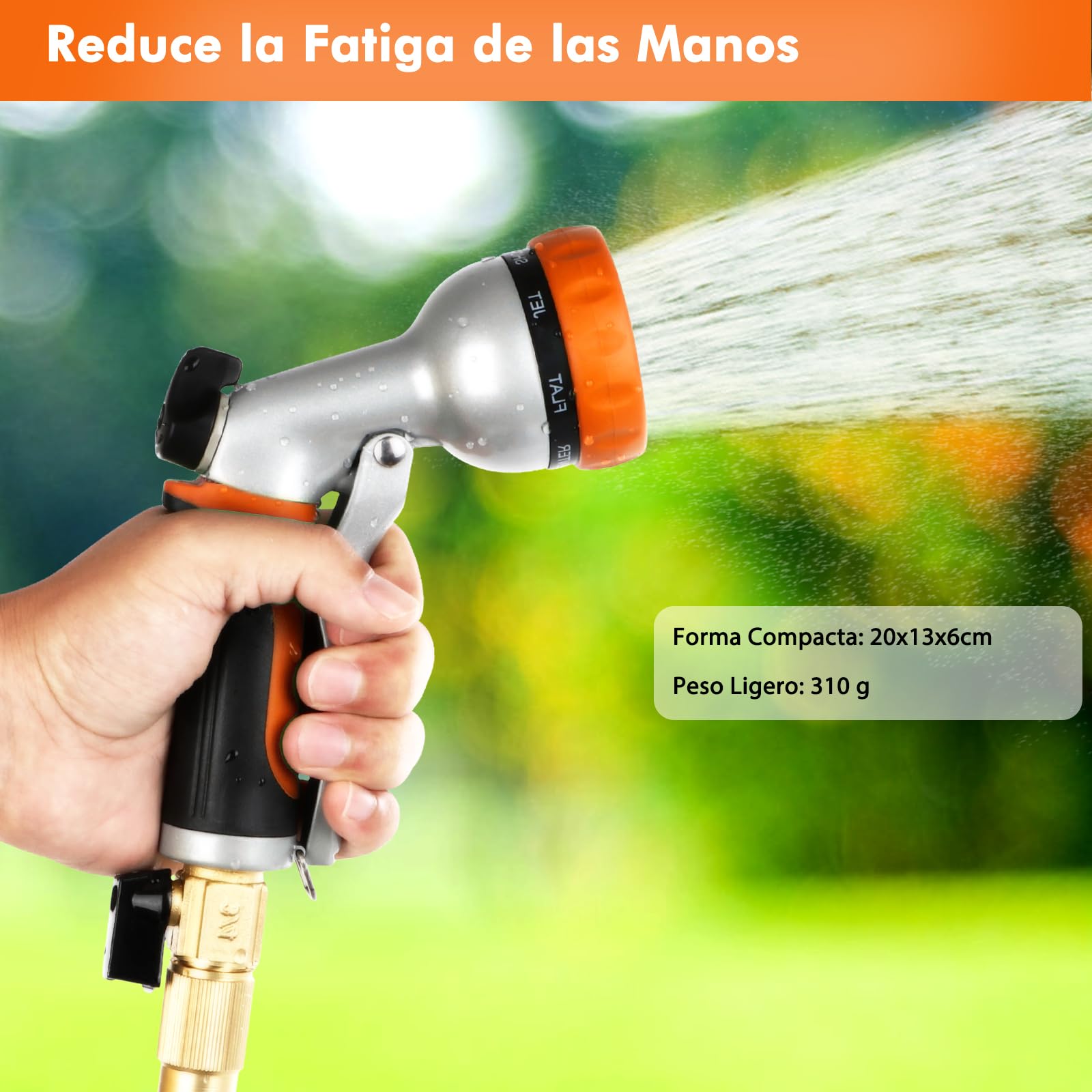 RESTMO Pistola de Riego de Metal, Pistola Manguera Jardín Alta Presión, 7 Modos de Pulverización Ajustable, Ideal para Regar Plantas y Césped, Lavado de Coches y Mascotas, Naranja