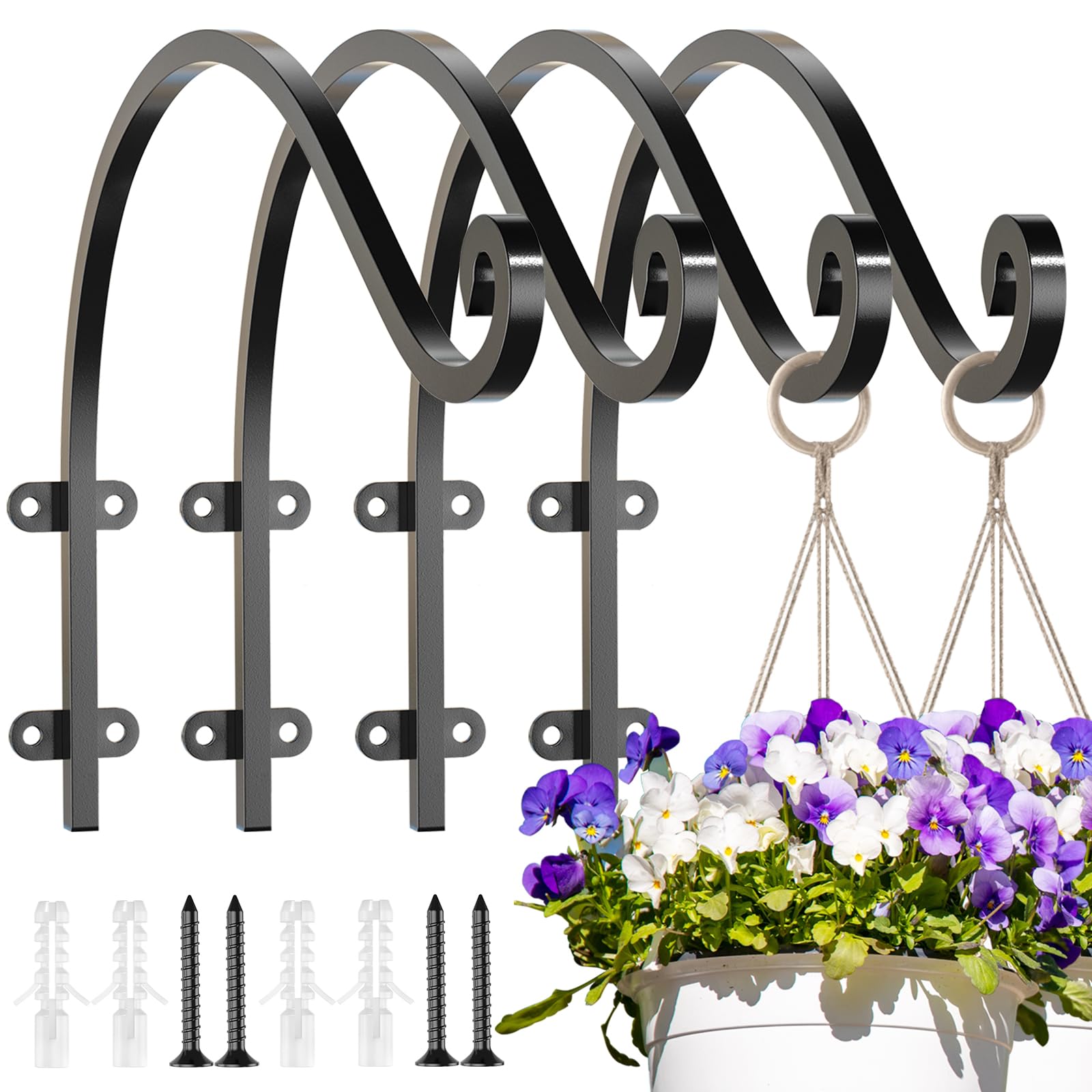 EPHECH Lot de 4 crochets de suspension robustes pour plantes d'extérieur et d'intérieur, support mural de 40,6 cm, support de suspension extérieur en métal noir pour suspendre des pots de fleurs, des