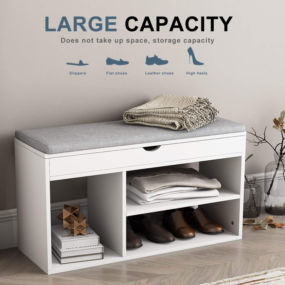 White Wooden Shoe Storage Bench Shoe Cupboard for Hallway Shoe
