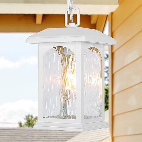 Miniatura 6 de Lámpara colgante blanca para exteriores  Lámparas colgantes exteriores ajustables, luz de porche impermeable con vidrio ondulado, moderna lámpara
