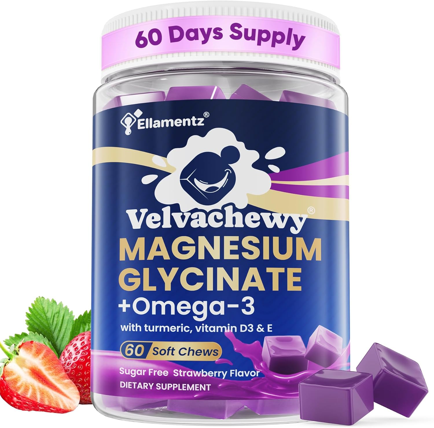 Magnesium Glycinate Gummies 500mg - Magnesium with Omega-3, Turmeric, Vitamin D3 & E | Magnesium Glycinate Soft Chews for Adults | for Sleep, Muscle & Brain | 60 Counts