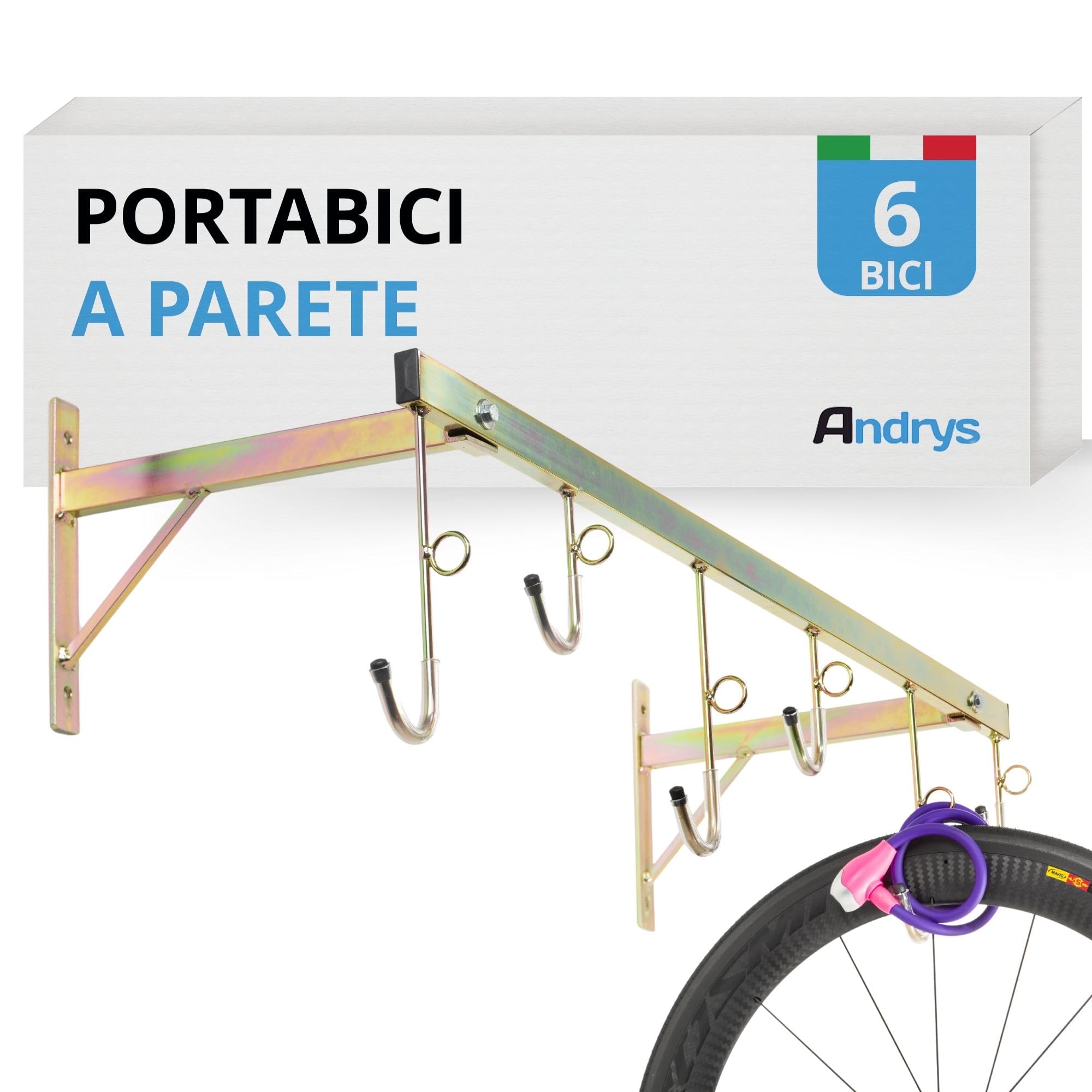 Andrys Porta Bici da Muro con Ganci e Anelli per 6 Biciclette - Supporto Appendi Bici da Muro per Interni ed Esterni - Smontabile, Facile da Installare, con Tappi Antigraffio - Acciaio Zincato (Oro)