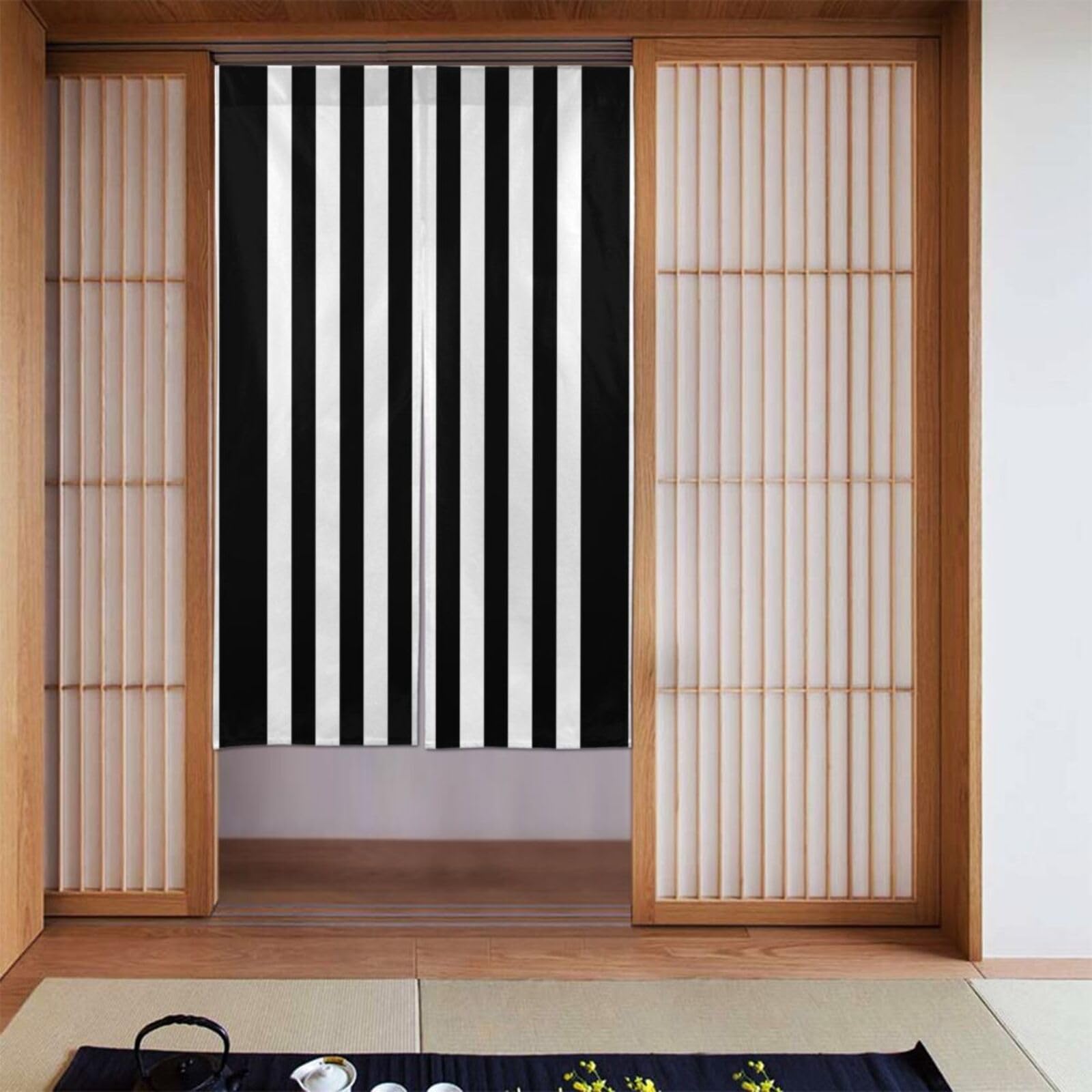 Rideaux occultants 142x86cm rayures noires et blanches pour chambre lot de 2