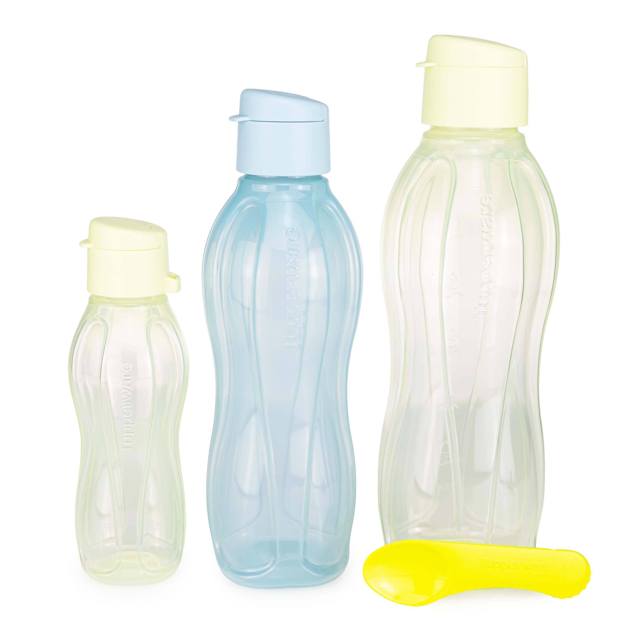 Tupperware EcoEasy Trinkflasche 310 ml hellgrün + 750 hellblau + 1 L hellgrün Trinkverschluss (inkl. 1x Kiwilöffel)