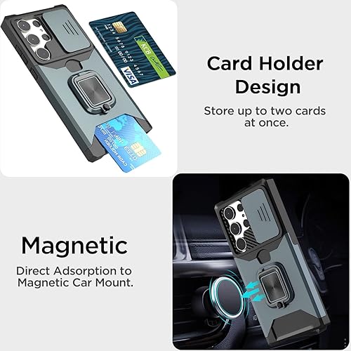 Miniatura 5 de AICase Funda para Samsung Galaxy S23 Ultra, con cubierta deslizante para cámara, soporte de anillo y tarjetero soporte magnético compatible para