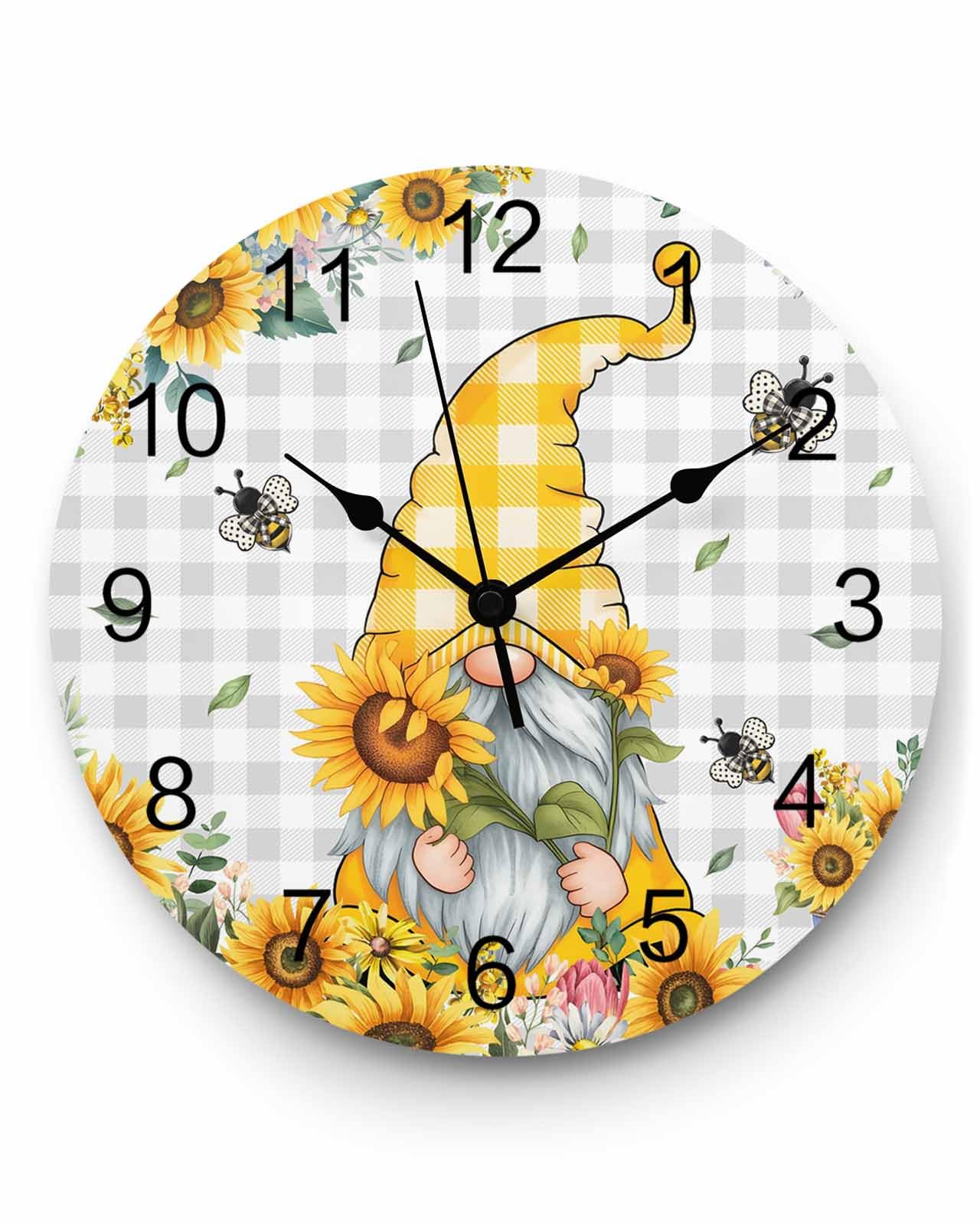 Ensound Wall Clock Yellow Sunflower Gnome Clocks Wooden Silent Non-Ticking Battery Operated Decorative Bee Farmhouse Grey Plaid Round Clock for Home Living Room Kitchen Bedroom Office School 12 Inch