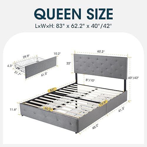 Miniatura 89 de WEEWAY Base de cama de plataforma tamaño Queen con 4 cajones de almacenamiento, cabecera capitonada con botones de costura de diamante, base de