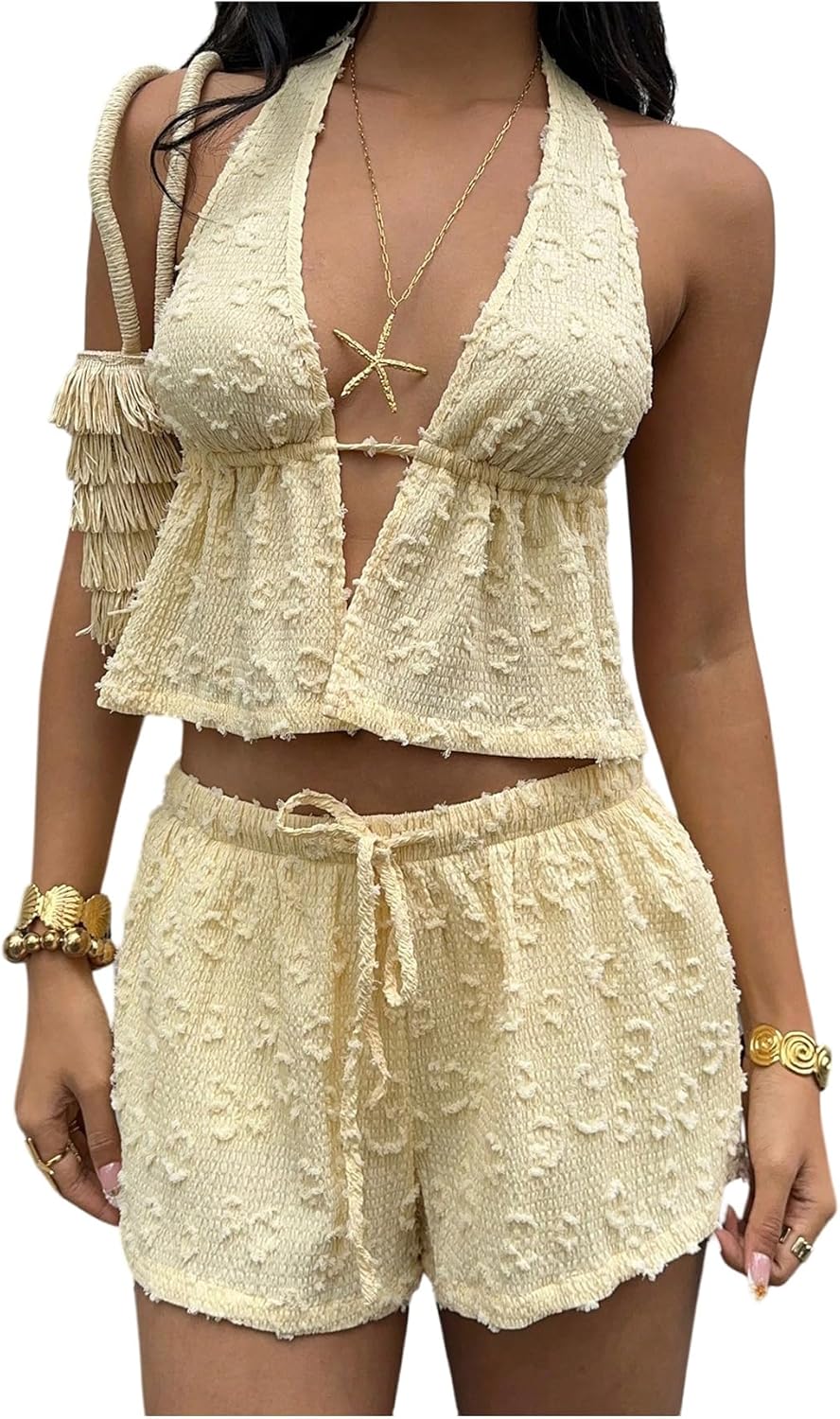 GORGLITTER Women's 2 Piece Textured Shorts Sets Ruffle Halter Top Drawstring Shorts Matching Outfits