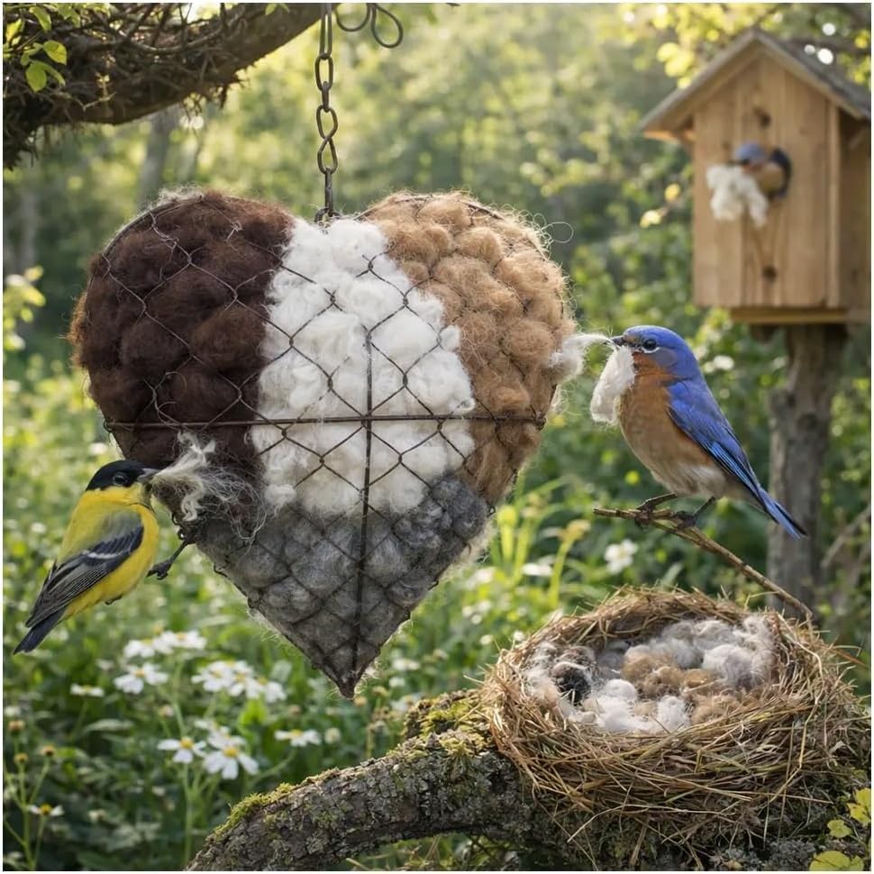 Handmade Fiber Bird Nesting Heart, Alpaca Fiber Bird Material House, Wool Nest Starter Hummingbird Houses, Outdoor Garden Decoration & Bird Lover Gift ﻿