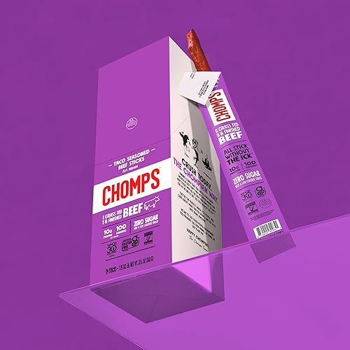 Miniatura 7 de Chomps Grass-Fed and Finished Taco Beef Jerky Snack Sticks 10-Pack - Keto, Paleo, Whole30, 10g Lean Meat Protein, Gluten-Free, Zero Sugar Food,