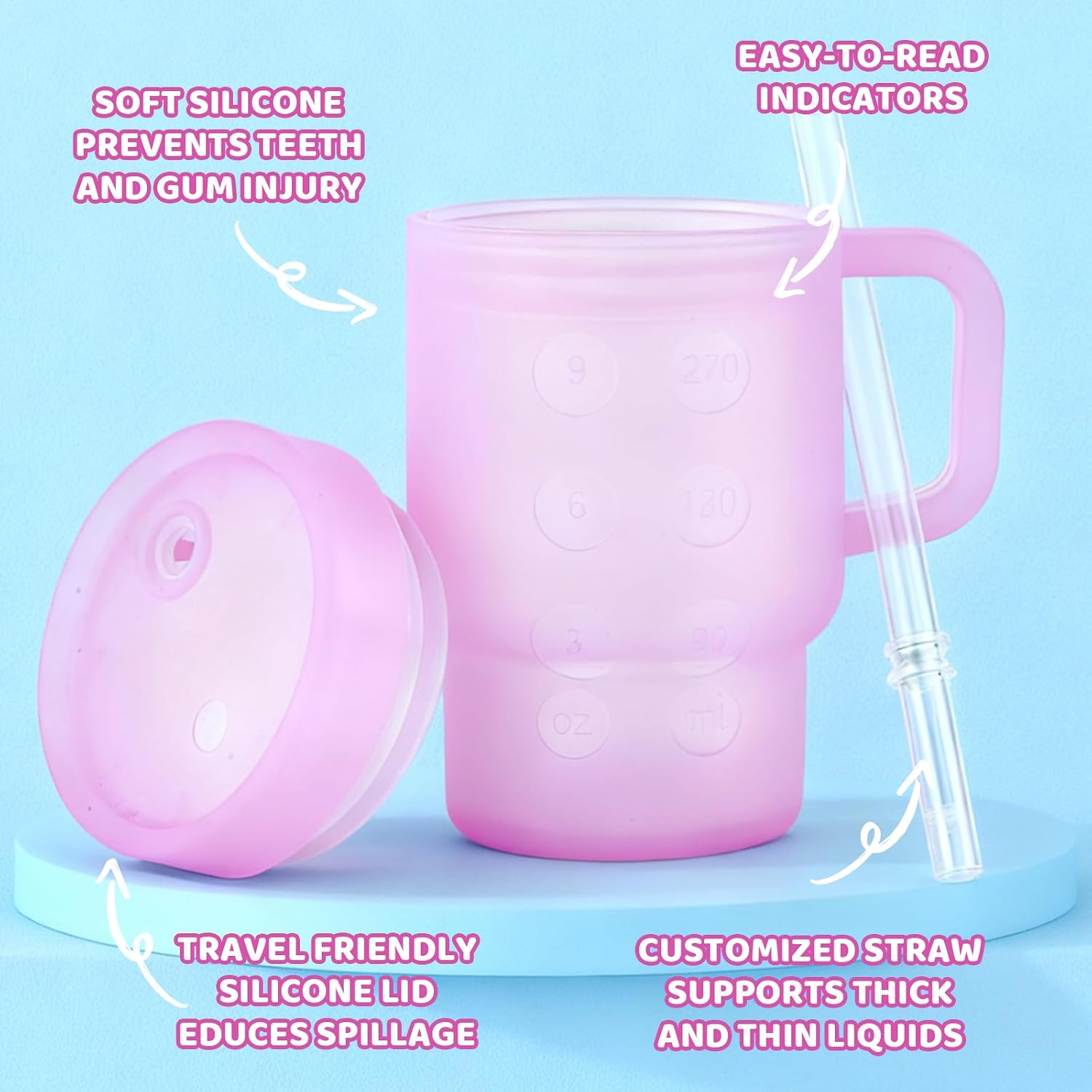 Tumbler Silicone Sippy Cup for Toddler with Straw and Handle, Water Bottle for Baby& Infant, 9oz Kids Cups Spill Proof,BPA Free,Toddler Travel Essential, Clear Purple
