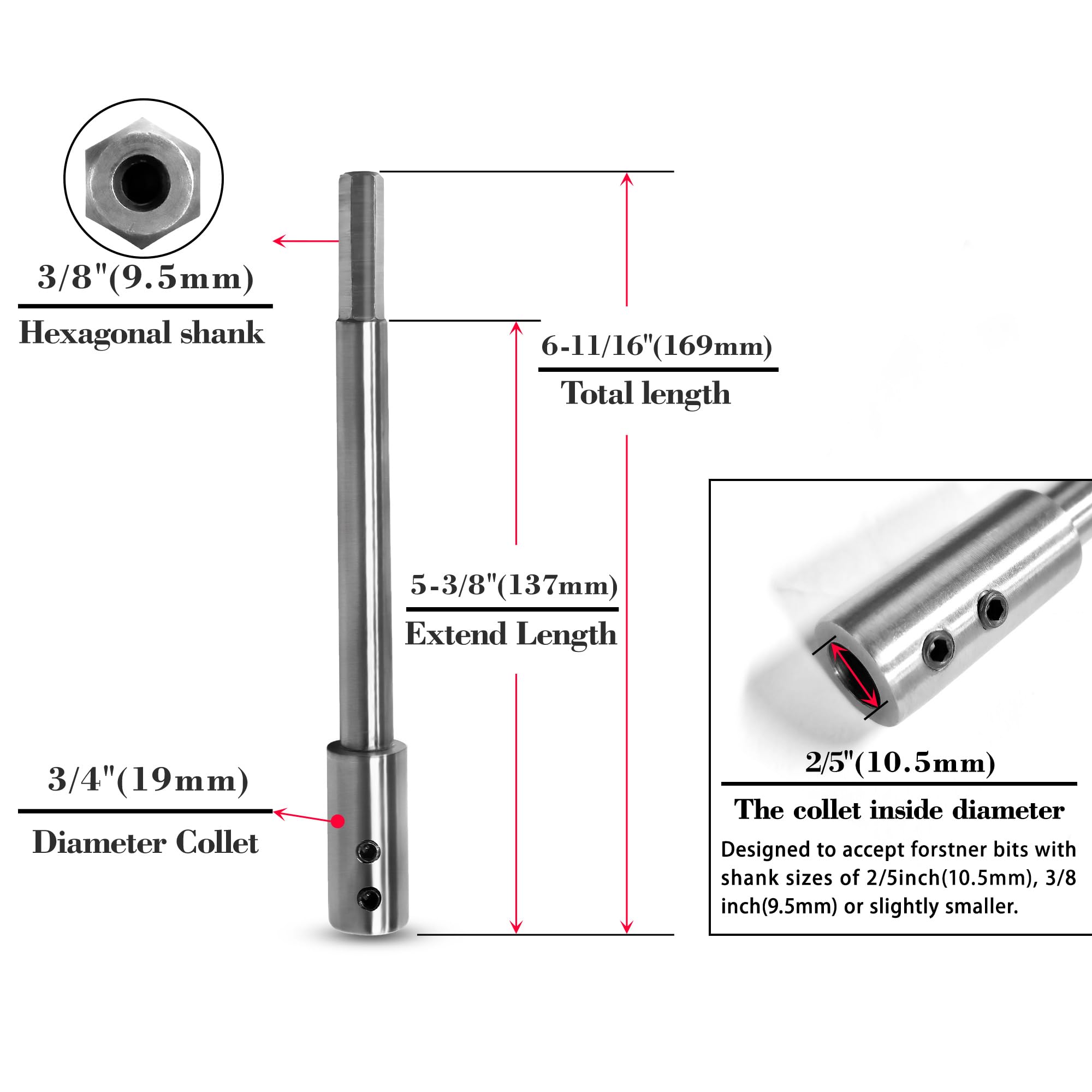 170 mm extra lange verlenging met 3/8 inch schacht voor forstnerboren