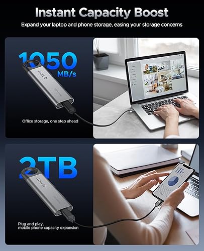 Miniatura 4 de ORICO SSD externo de 2 TB de hasta 1050 MBs, unidad de estado sólido portátil con diseño de orificio para colgar, cable USB C y A 2 en 1,