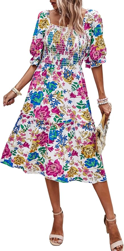 PRETTYGARDEN Women's Summer Casual Dresses 2026 Spring Puff Sleeve Square Neck A Line Flowy Boho Floral Smocked Midi Dress