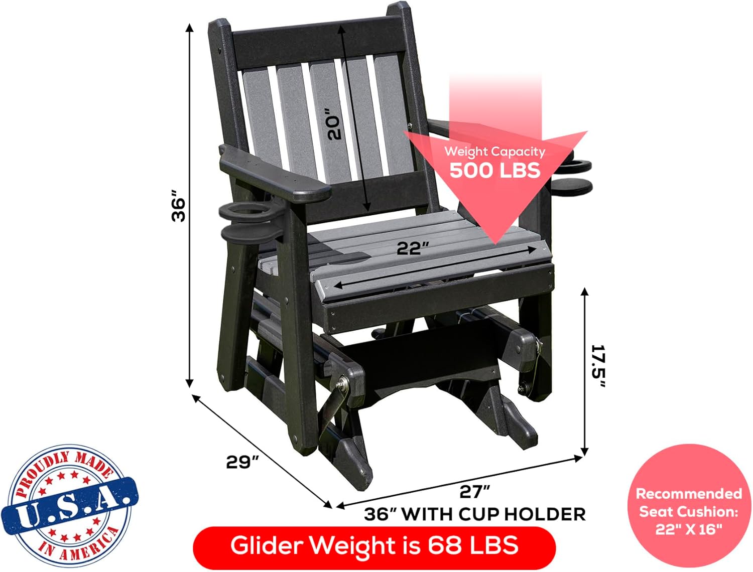Ecommersify Amish Mission-Style Glider Chair - 2FT (Gray on Black) - Recycled HDPE Poly Lumber - Made in USA - Stainless Steel Outdoor Furniture - 500 lb Capacity with Cup Holders