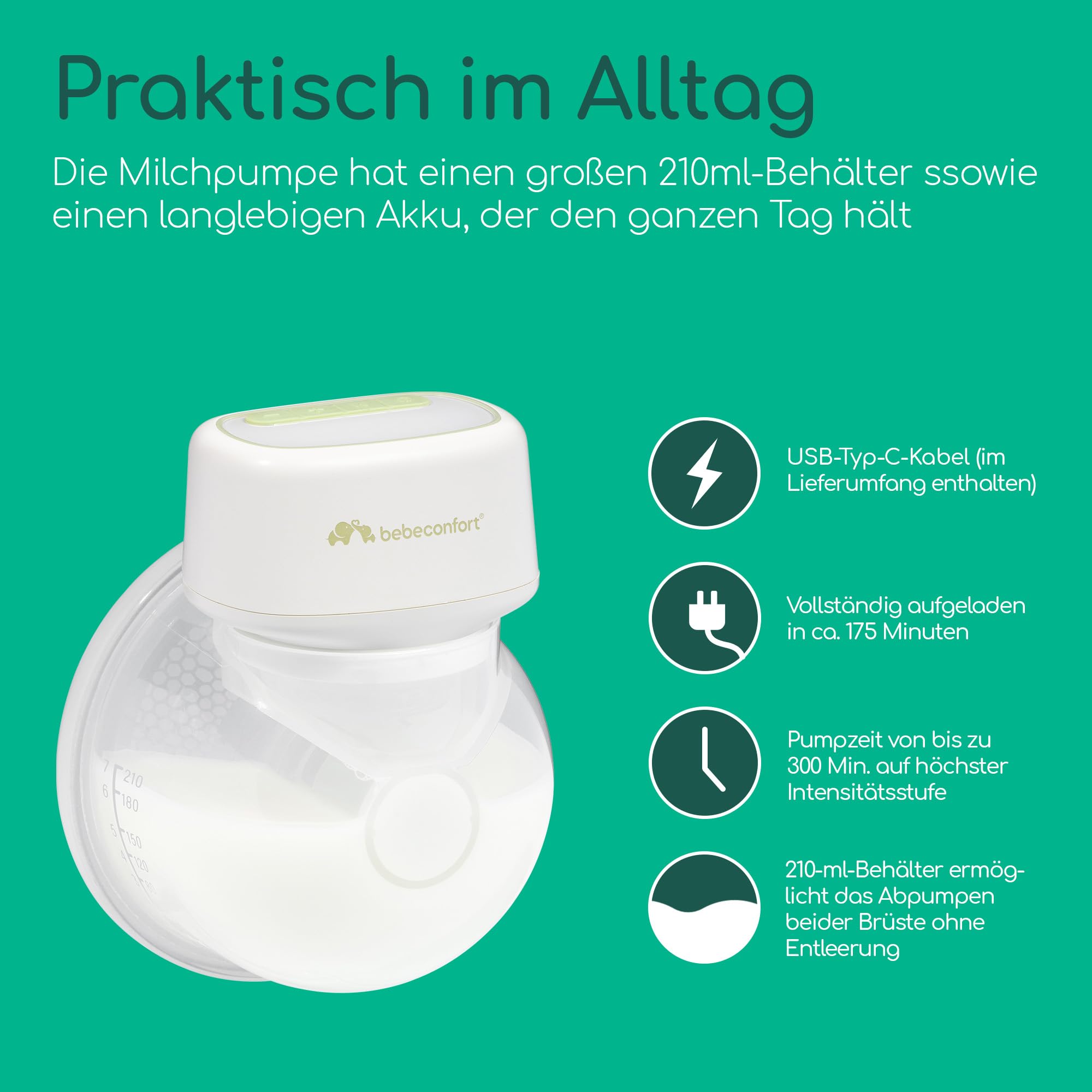 Bebeconfort Diskrete Milchpumpe Handsfree, freihändige Milchpumpe elektrisch, leises Abpumpen (51db), 3 Pumpmodi, 15 Saugstufen, langlebiger Akku, 210 ml großer Behälter