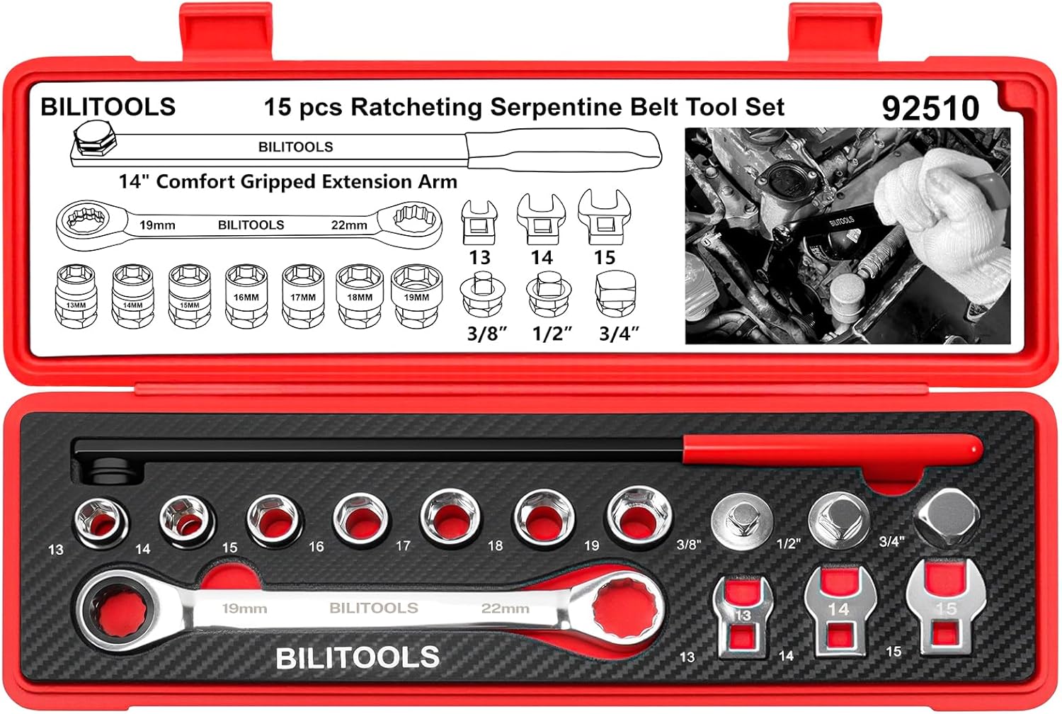 BILITOOLS 15-Piece Universal Serpentine Belt Tool Set, Ratcheting Serpentine Belt Tensioner Tool Kit