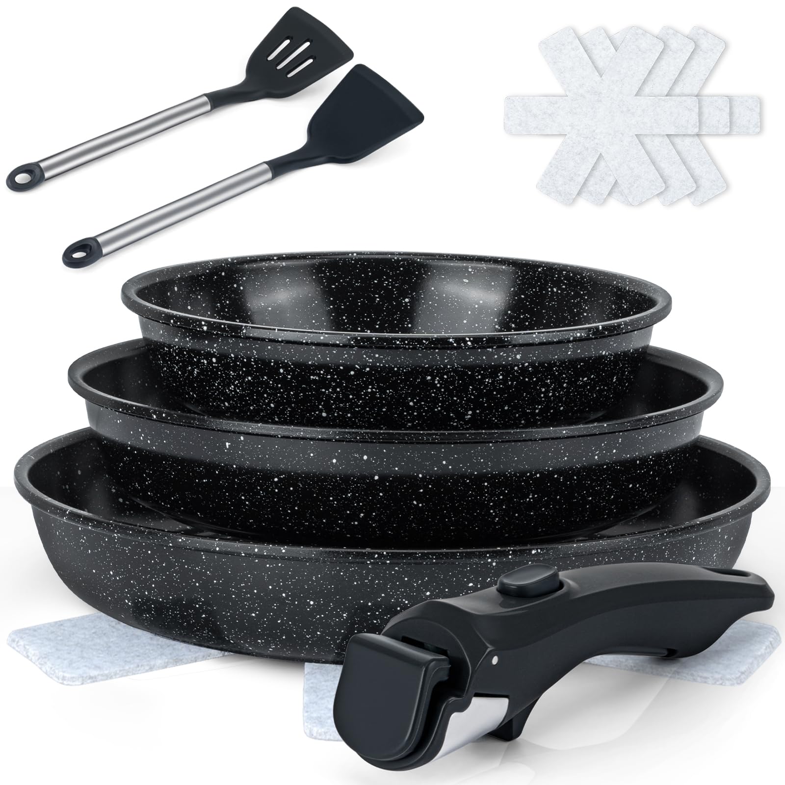 Juego de 10 Sartenes de Inducción – 21,3/25,8/29,5 cm Sartén Antiadherente con Mango Desmontable, Resistente al Horno y Apto para Todas las Placas – Sartén para Hogar y Camping